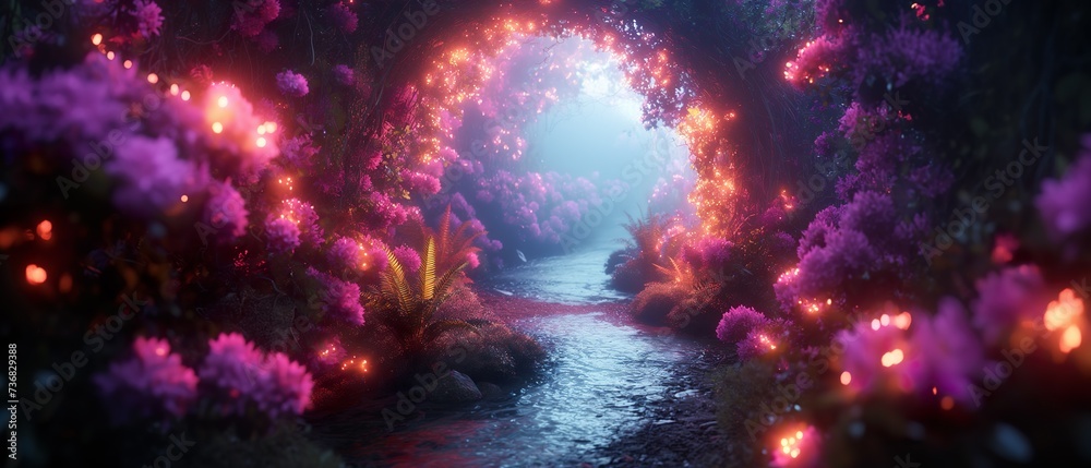 Fototapeta premium A Path Passing Through A Magical Forest. Illustration On The Theme Of Fairy Tales And Magic. Generative AI
