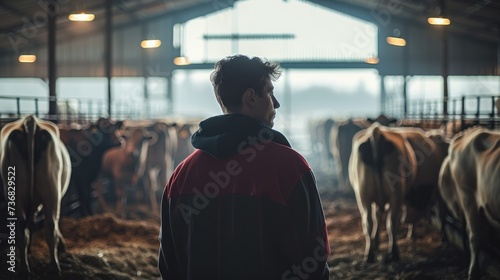 Dairy farm workers checking on cows, Agriculture and modern animal farm concept. Generative AI.