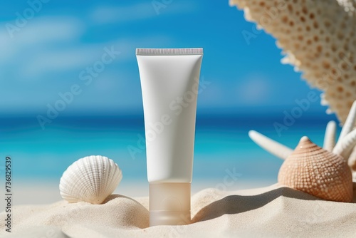 Sunscreen in white plastic tube. Studio photo shoot with sand, shells and white stones. Sand-colored environment. Sunscreen with UVA and UVB protection. Summer atmosphere. Landscape format.