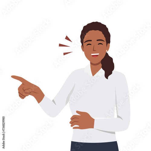 Smiling laughing and positive emotions concept. Young girl standing pointing at something and laughing with open mouth and words lettering aside