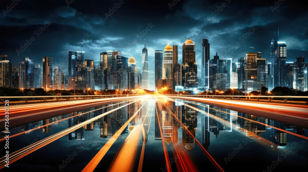 Reflections of City Lights in Water, Beautiful City Skyline Illuminated at Night Reflections of City Lights in Water, Beautiful City Skyline Illuminated at Night