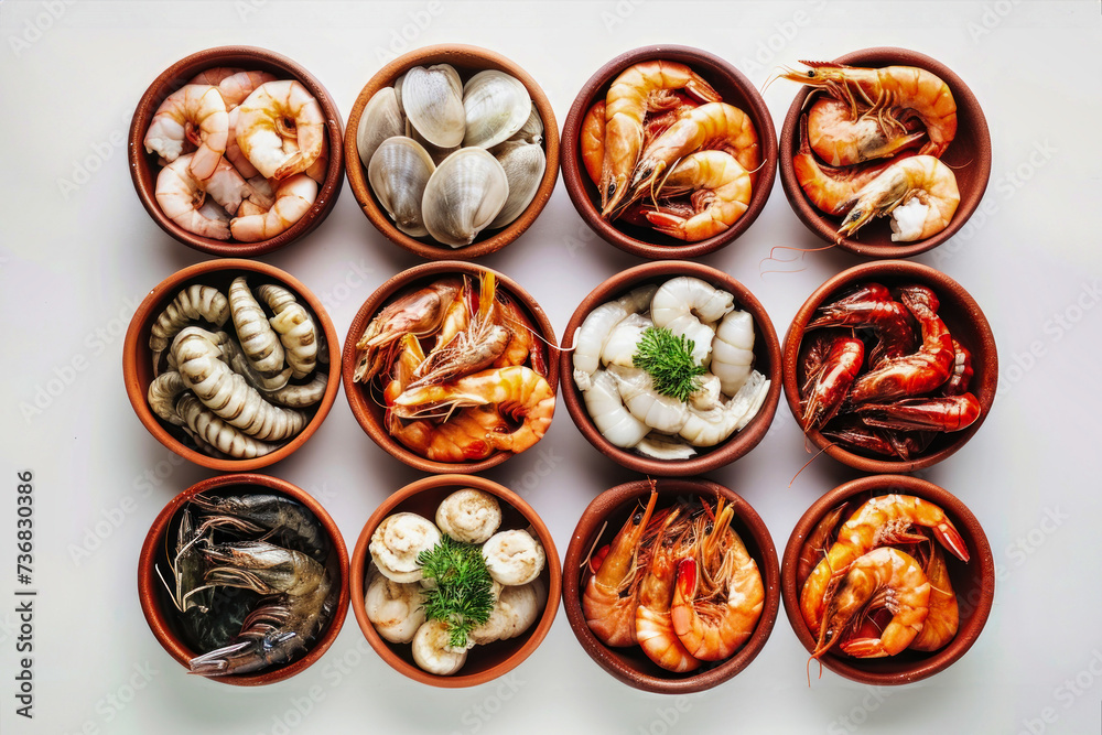 Assorted Bowls of Food With a Variety of Seafood Options Assorted Bowls of Food With a Variety of Seafood Options