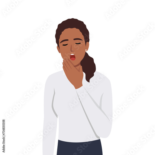 Young woman yawning covering mouth by hand with eyes closed. Flat vector illustration isolated on white background