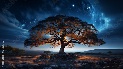 Un vieil arbre solitaire murmure des secrets au vent nocturne, écoutant les étoiles dans la quiétude de la nuit. photo