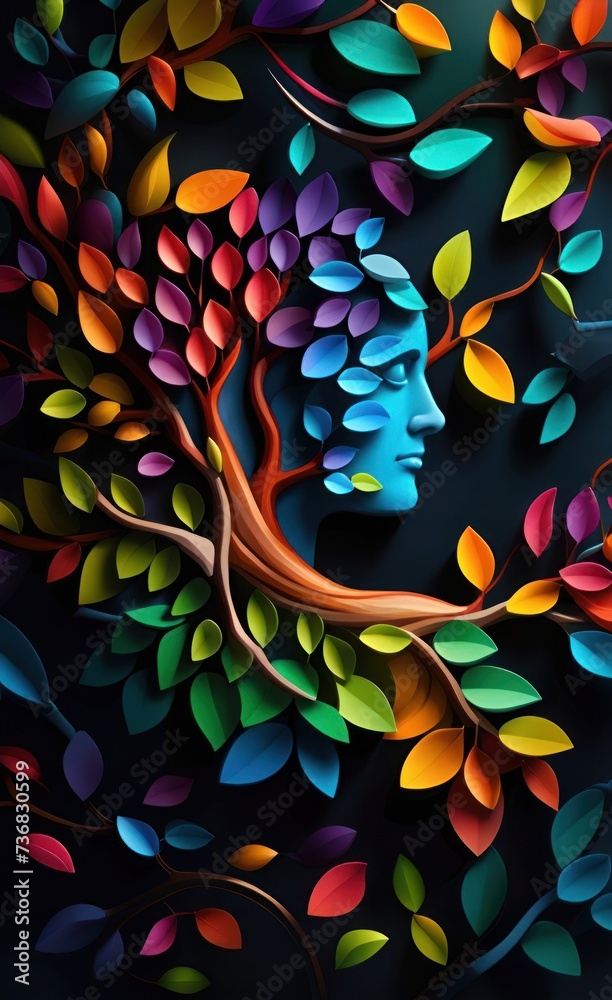 Colorful tree with leaves on hanging branches illustration background. 3d abstraction wallpaper for interior mural wall art decor. Floral tree with multicolor leaves. Generative AI