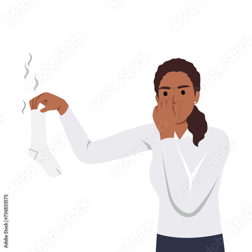 Young woman holding dirty stinky socks in hands disgusted by smell. Girl with smelly stockings irritated repulsed with dirt. Flat vector illustration isolated on white background
