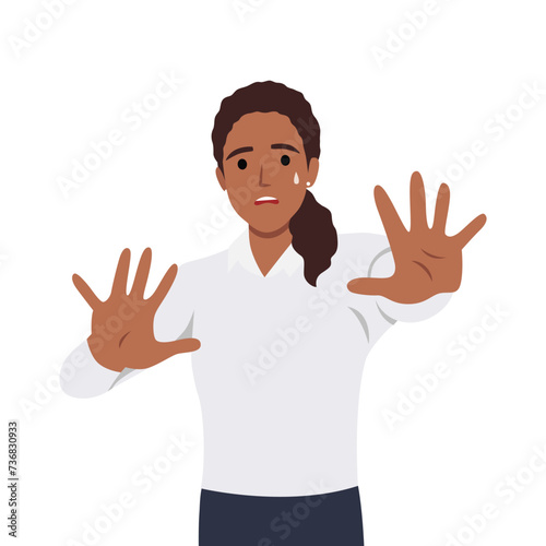 Young woman cartoon character making stop with his hands. Say No . Flat vector illustration isolated on white background