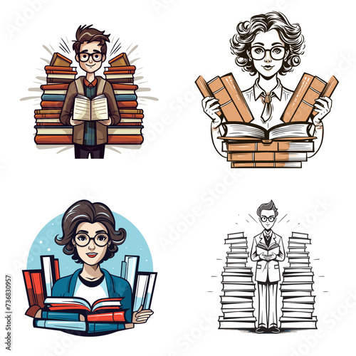 Librarian with Books (Librarian) simple minimalist isolated in white background vector illustration