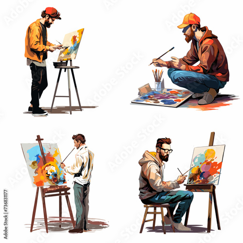 Artist with Paint Palette and Canvas (Visual Artist) simple minimalist isolated in white background vector illustration