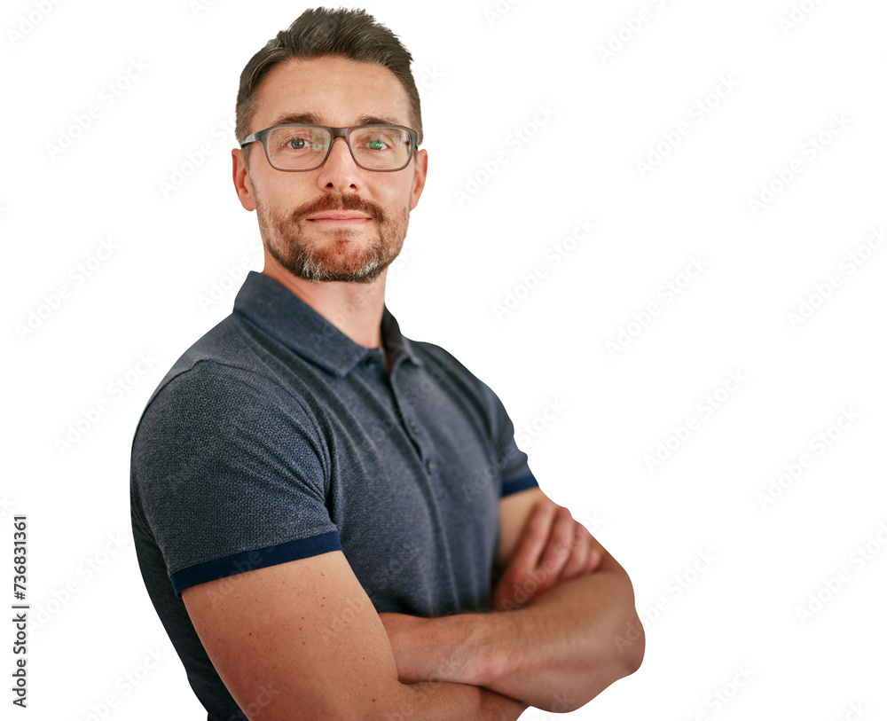 Mature man, face with arms crossed and glasses, vision and confident with isolated on png transparent background. Entrepreneur, pride and boss with eyewear in portrait, casual outfit and tshirt Mature man, face with arms crossed and glasses, vision and confident with isolated on png transparent background. Entrepreneur, pride and boss with eyewear in portrait, casual outfit and tshirt