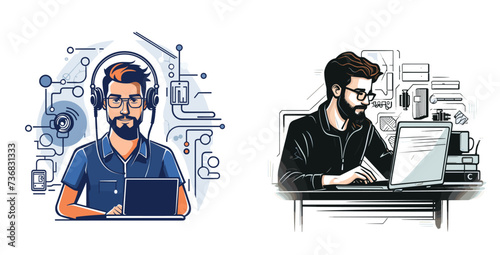 IT Support Specialist with Computer (IT Support Specialist) simple minimalist isolated in white background vector illustration