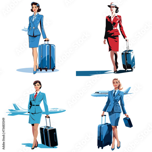 Flight Attendant with Luggage (Flight Attendant) simple minimalist isolated in white background vector illustration