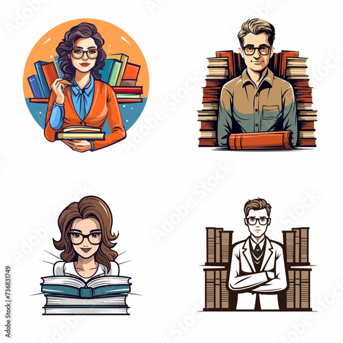 Librarian with Glasses and Books (Librarian) simple minimalist isolated in white background vector illustration