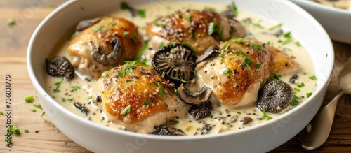 A comforting dish of chicken and mushrooms in a creamy sauce served on a wooden table, showcasing the use of staple ingredients in cooking to create a delicious comfort food cuisine photo