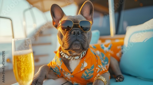 Wealthy rich Bulldog on expensive private yacht with champain gold watch stylish sunglasses  billionaire dream lifestyle wallpaper background  funny creative animal concept unique 3d digital art
