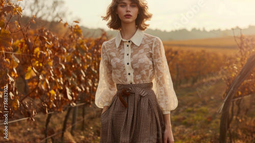 A delicate lace blouse paired with a wool midi skirt in a classic houndstooth print. Finished off with suede block heels this look is refined and polished perfect for a day of