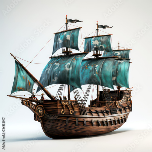 wooden pirate boat  on white and sea background