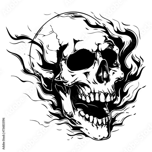 human skull small fractures angry yelling with flames