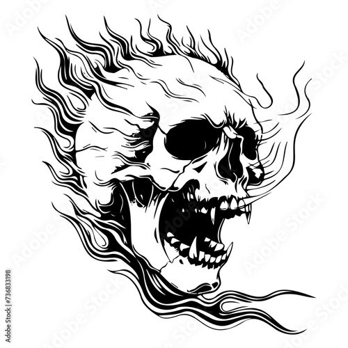 human skull small fractures angry yelling with flames