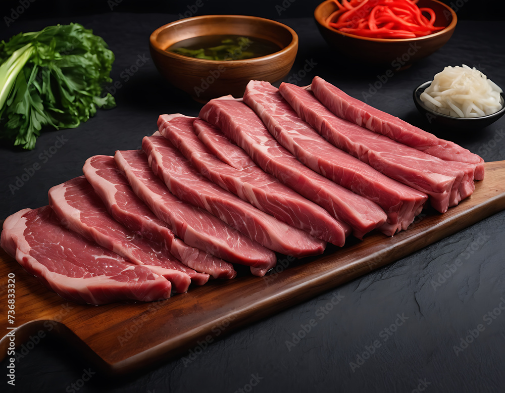 Sliced wagyu marbled beef for yakiniku on plate on black background, Premium Japanese meat. AI Generative Sliced wagyu marbled beef for yakiniku on plate on black background, Premium Japanese meat. AI Generative