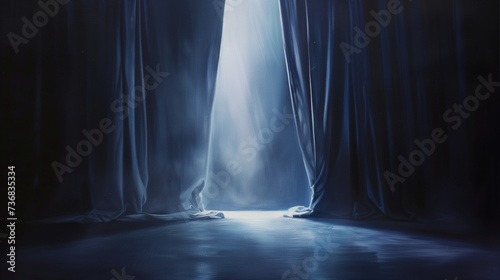 Dramatic Stage Curtain Opening Scene with Bright Spotlight on Empty Theater Stage. The Beginning of a Performance with Blue Velvet Drapes and Mysterious Atmosphere in Anticipation of an Artistic Event