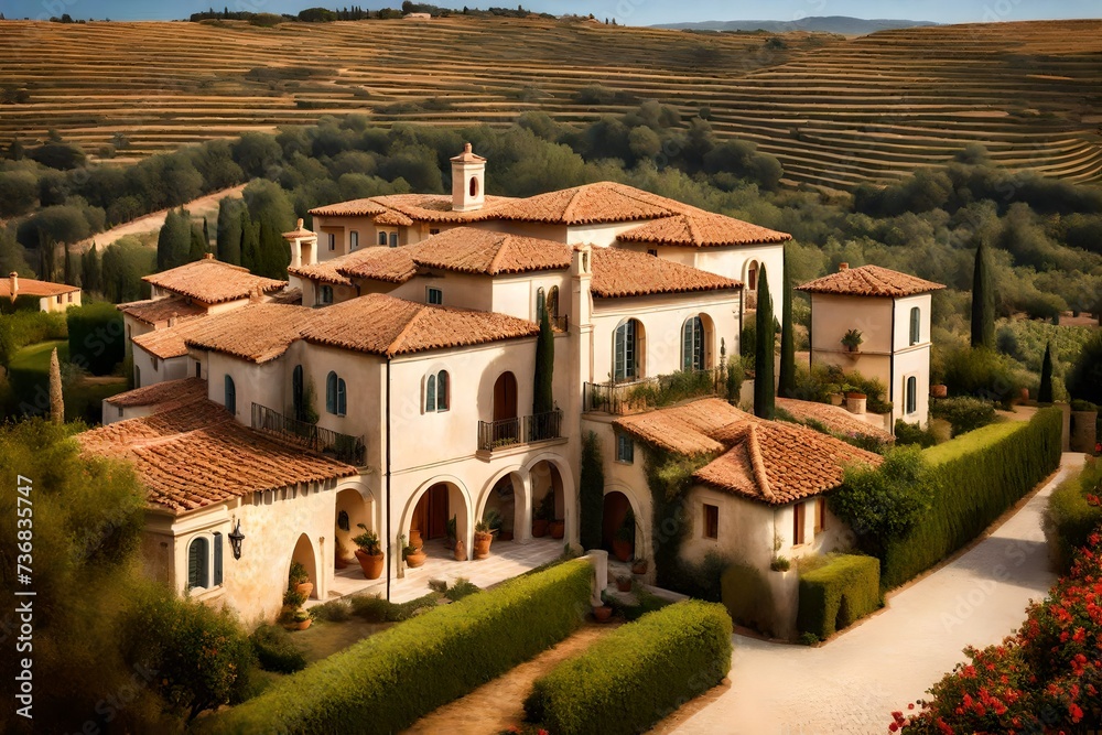 Obraz premium Mediterranean villa overlooking a vineyard, with terracotta roofs and arched doorways, capturing the timeless allure of architecture in a sun-kissed setting