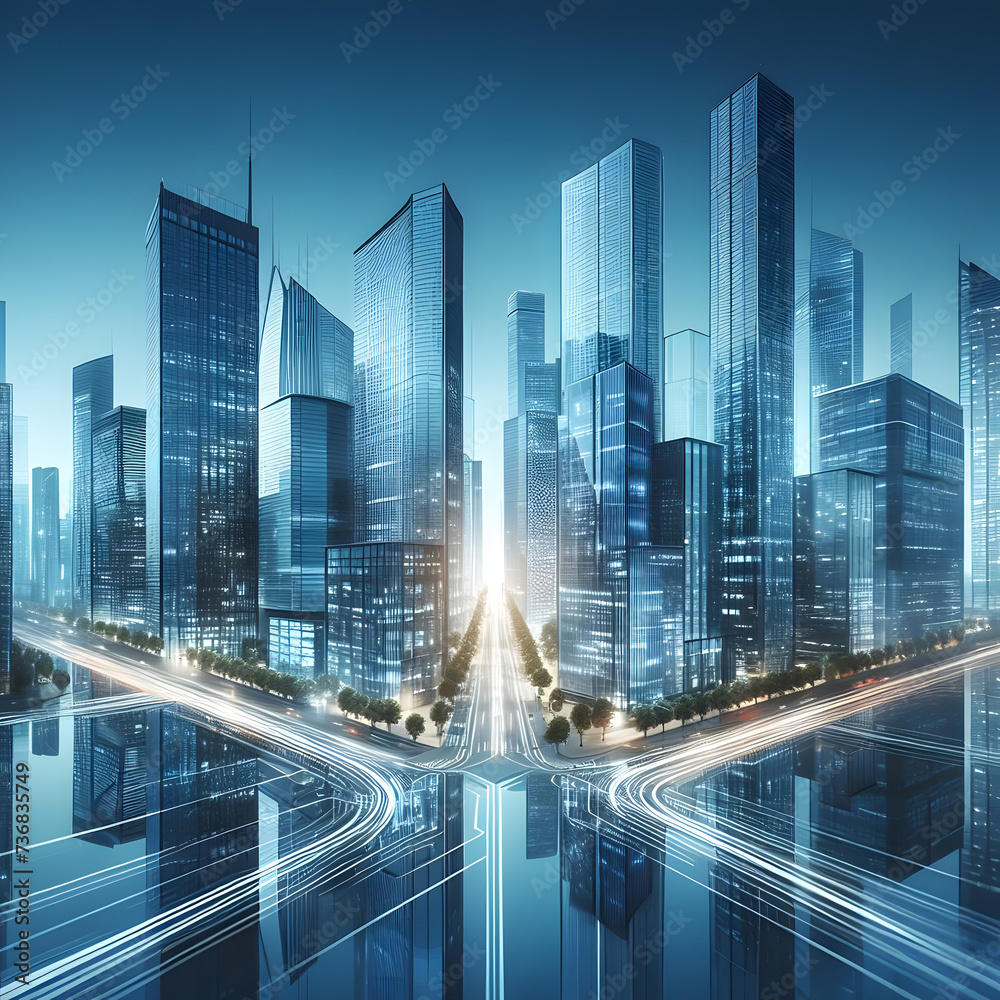 Modern skyscrapers of a smart city, futuristic financial district, Smart city and abstract polygon pattern connection with speed line light, big data connection technology concept .