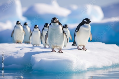 Gentoo penguin band is on the ice against the backdrop of icebergs