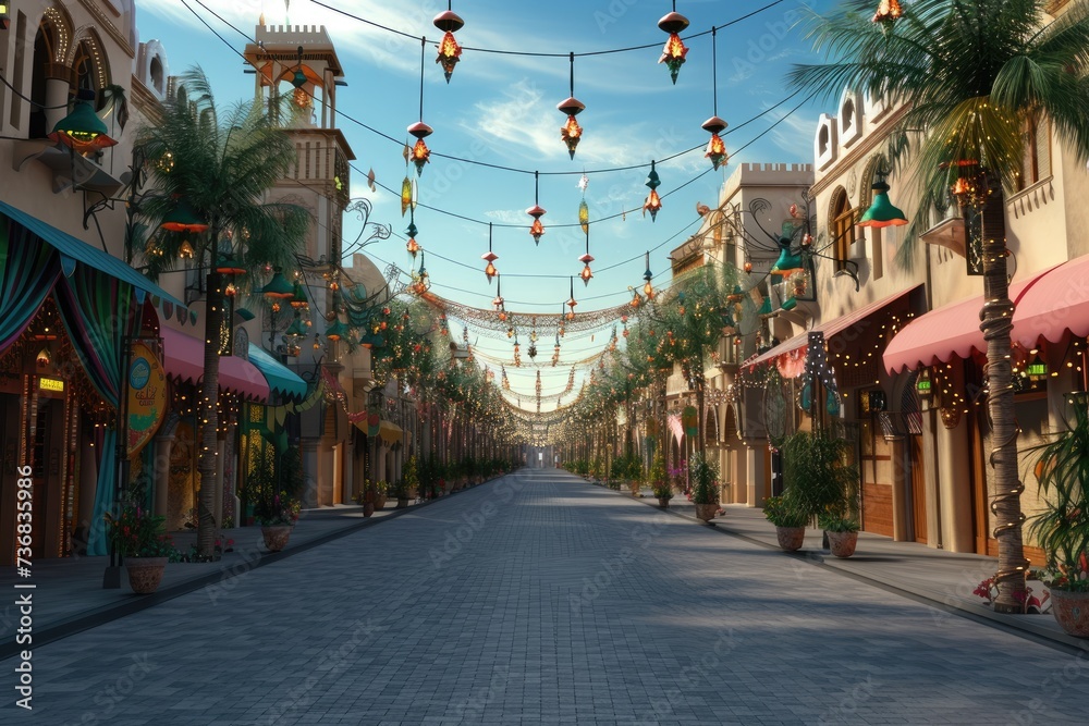 Naklejka premium A view of city streets with festive Ramadan decorations