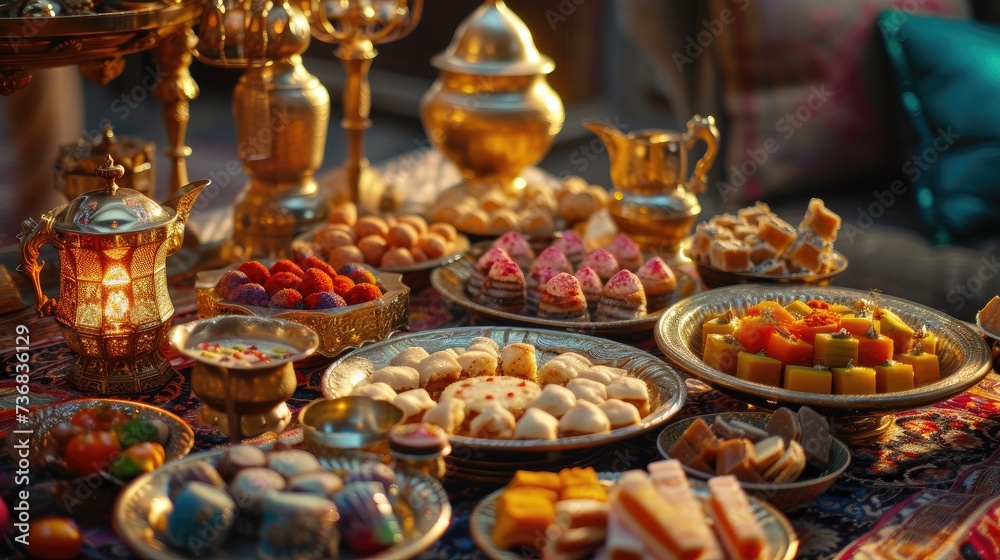 A beautifully set table with traditional sweets and delicacies signifying the end of Ramadan