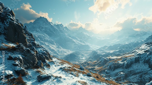 Overhead shot of a new heavy car parked on a snowy mountain peak, surrounded by a winter wonderland.