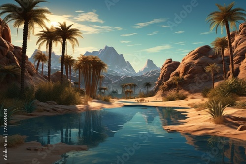 A desert oasis scene complete with a mirage and palm trees