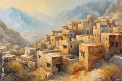 Fototapeta Naklejka Na Ścianę i Meble -  A scenic painting of an old Islamic town with traditional houses