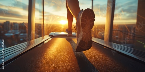 Close up shoes woman's muscular legs feet during running on treadmill workout photo
