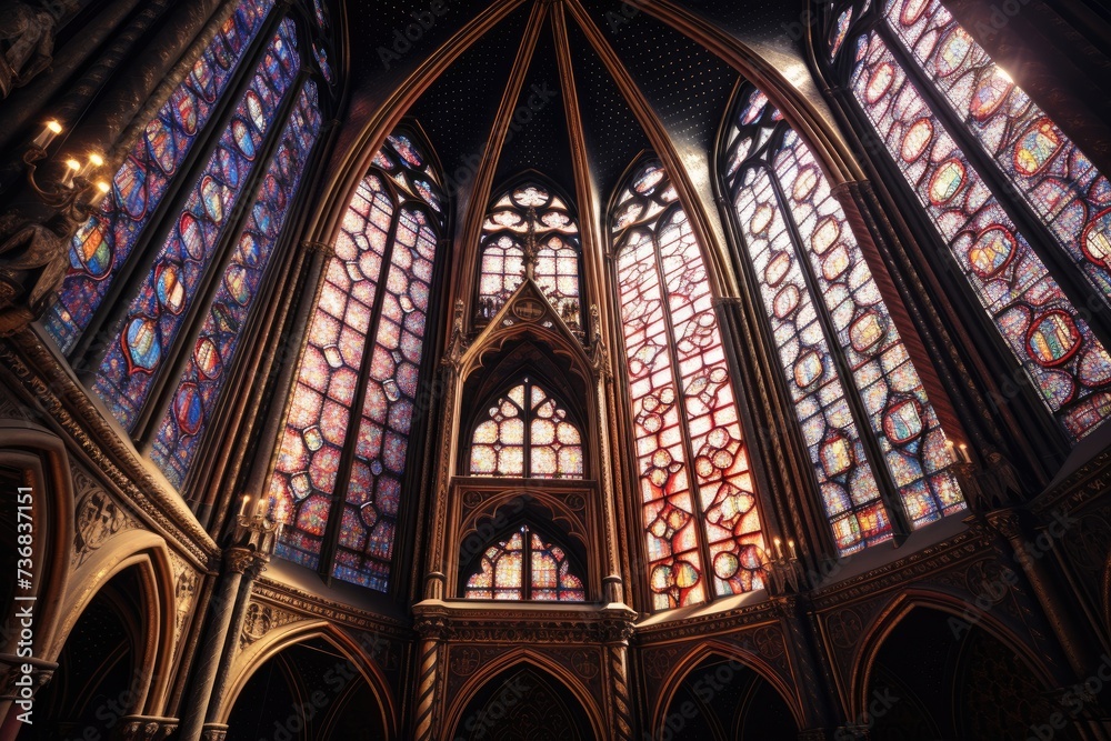 An ornate gothic cathedral with detailing and stained glass windows