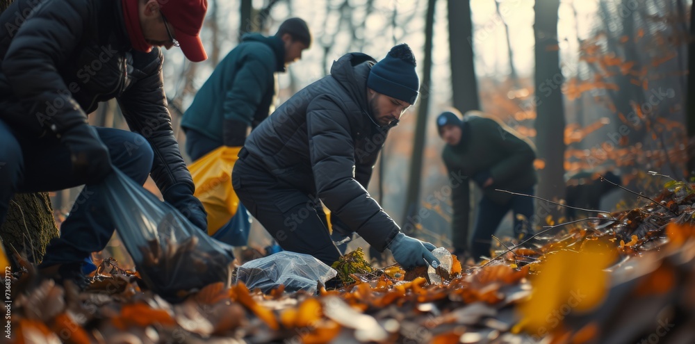 Group of volunteer people picking up plastic in forest, caring for nature, cleaning in park Group of volunteer people picking up plastic in forest, caring for nature, cleaning in park