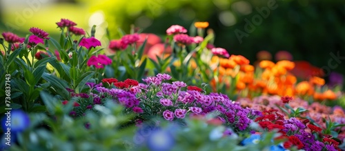 a bunch of colorful flowers are growing in a garden . High quality