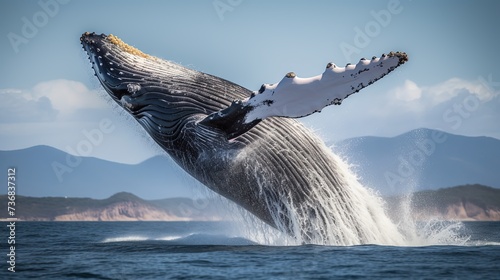 A stunning poster depicting a humpback whale in its natural environment. Huge jump of a humpback whale. Generative AI