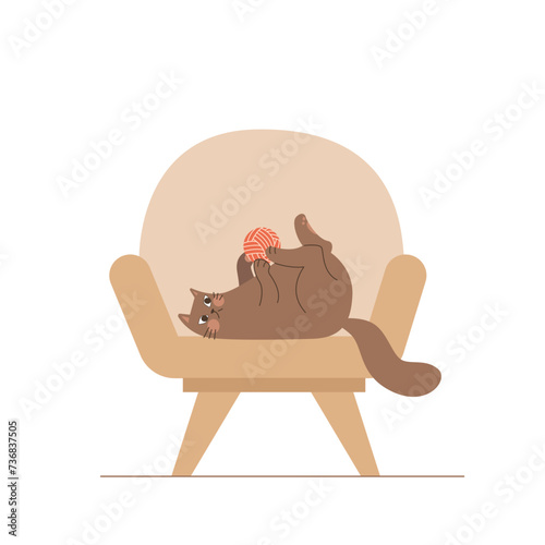 Cute cartoon cat playing with a ball of thread on a chair. Funny domestic animal. Nice pet in a flat style.