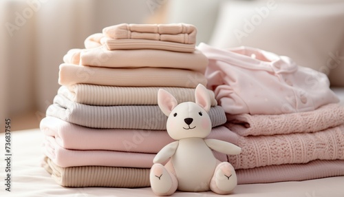 stack of baby clothes with rabbit doll © gomgom