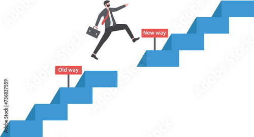 Businessman Jumping up stair to new way, Old way and new way choice, Choose a new direction, make a choice Improvement Concept.

