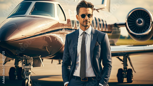 Handsome business man near a private jet wearing a suit