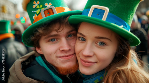 A smiling, happy young couple in leprechaun hats celebrate St. Patrick's Day together in spring.