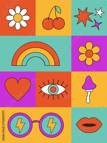 Groovy retro icon set in 60s, 70s hippie style. Funny cartoon daisy flower, rainbow, sunglasses, mushroom, heart, star, cherry, lips, eye. Poster, card. Trendy psychedelic. Yellow background.