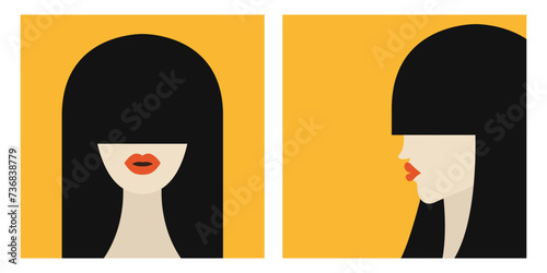 Portrait of brunette woman with long bangs hair set. Full-face, profile view. Avatar people icon for social networks. Cute cartoon character. Girl face, red lips. Flat design. Yellow background.