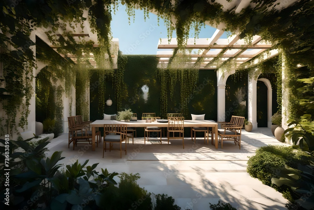 elegant garden terrace adorned with pergolas and climbing vines, providing a tranquil outdoor space where nature and architecture coexist harmoniously