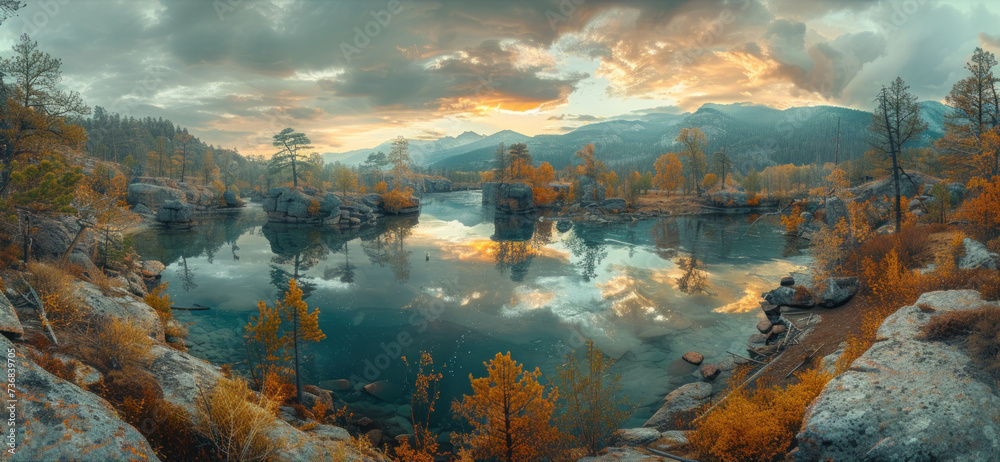 panorama of rocky lake at sunset
