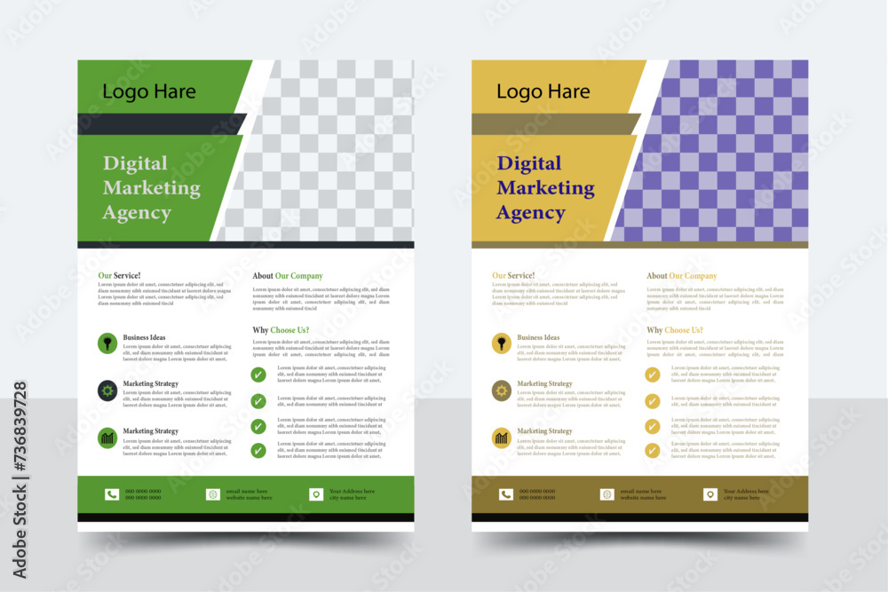 a bundle of 2 templates of different colors a4 flyer template, modern template, in green color, and modern design, perfect for creative professional business flyer,vector template design.