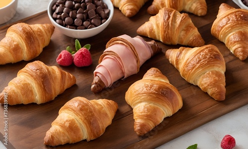 Capturing the essence of a perfectly baked classic croissant with a diverse array of flavors | Perfect breakfast of various croissant variations  photo