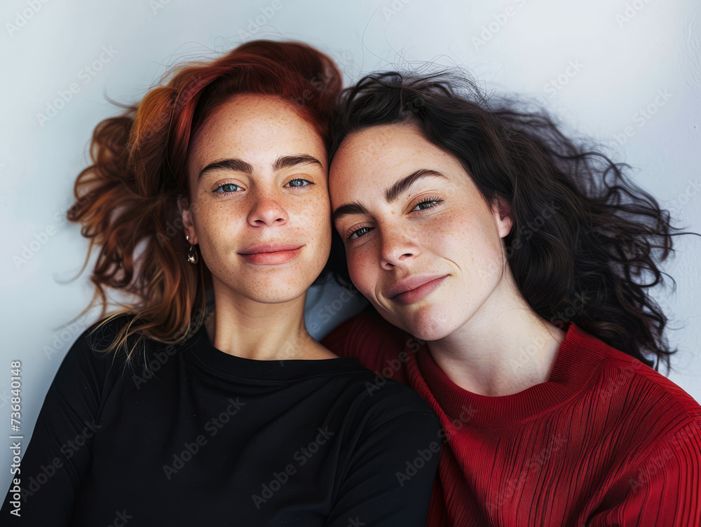 Multiracial lesbian couple together on a copy space background Multiracial lesbian couple together on a copy space background